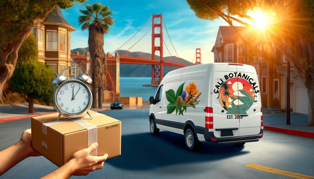 Delivery van with Cali Botanicals logo driving through San Francisco, emphasizing 24-hour kratom delivery service. A package is being handed to a happy customer at their doorstep, showcasing the fast and reliable delivery of premium kratom products to the Bay Area
